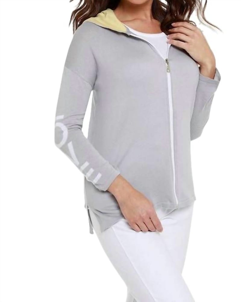Front of a model wearing a size XL "Love Me" Hooded Cardigan in Gray/Yellow in Gray/Yellow by ANGEL. | dia_product_style_image_id:325610